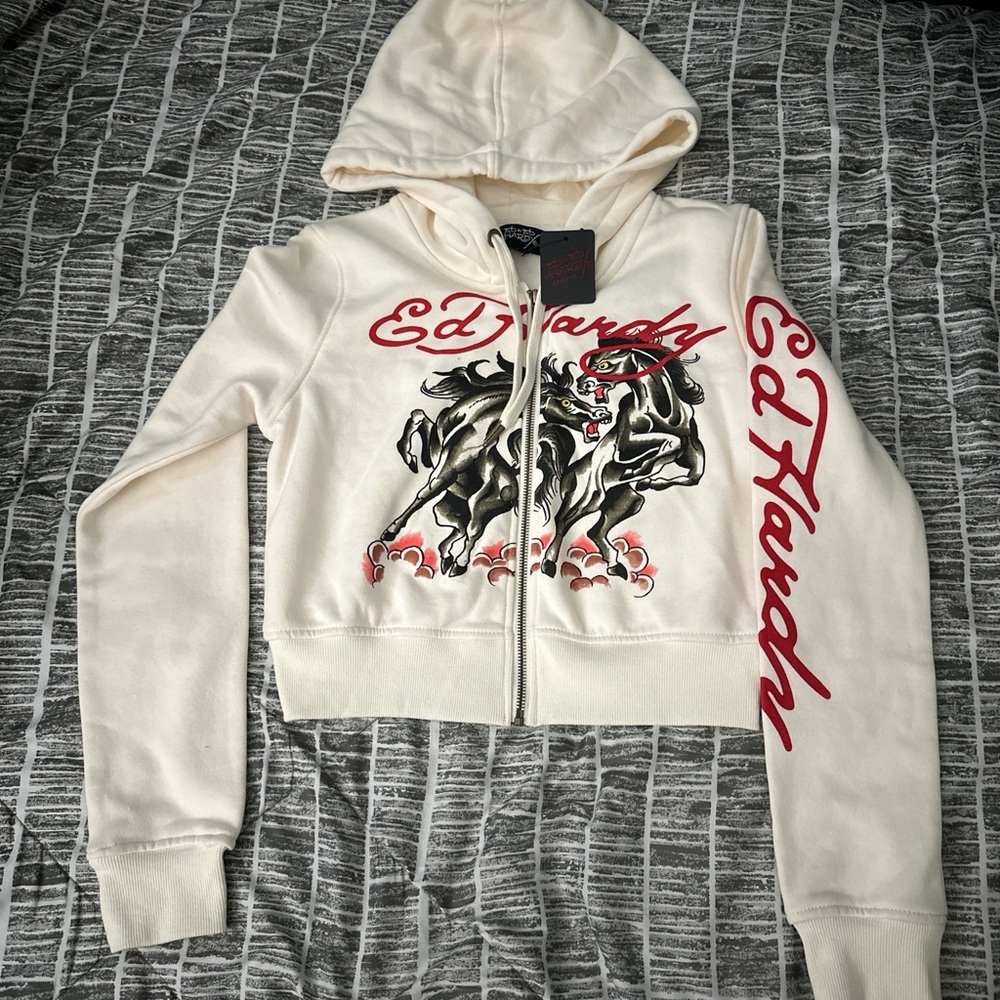 Ed Hardy Cream crop top Zip-Up with Red Graphics